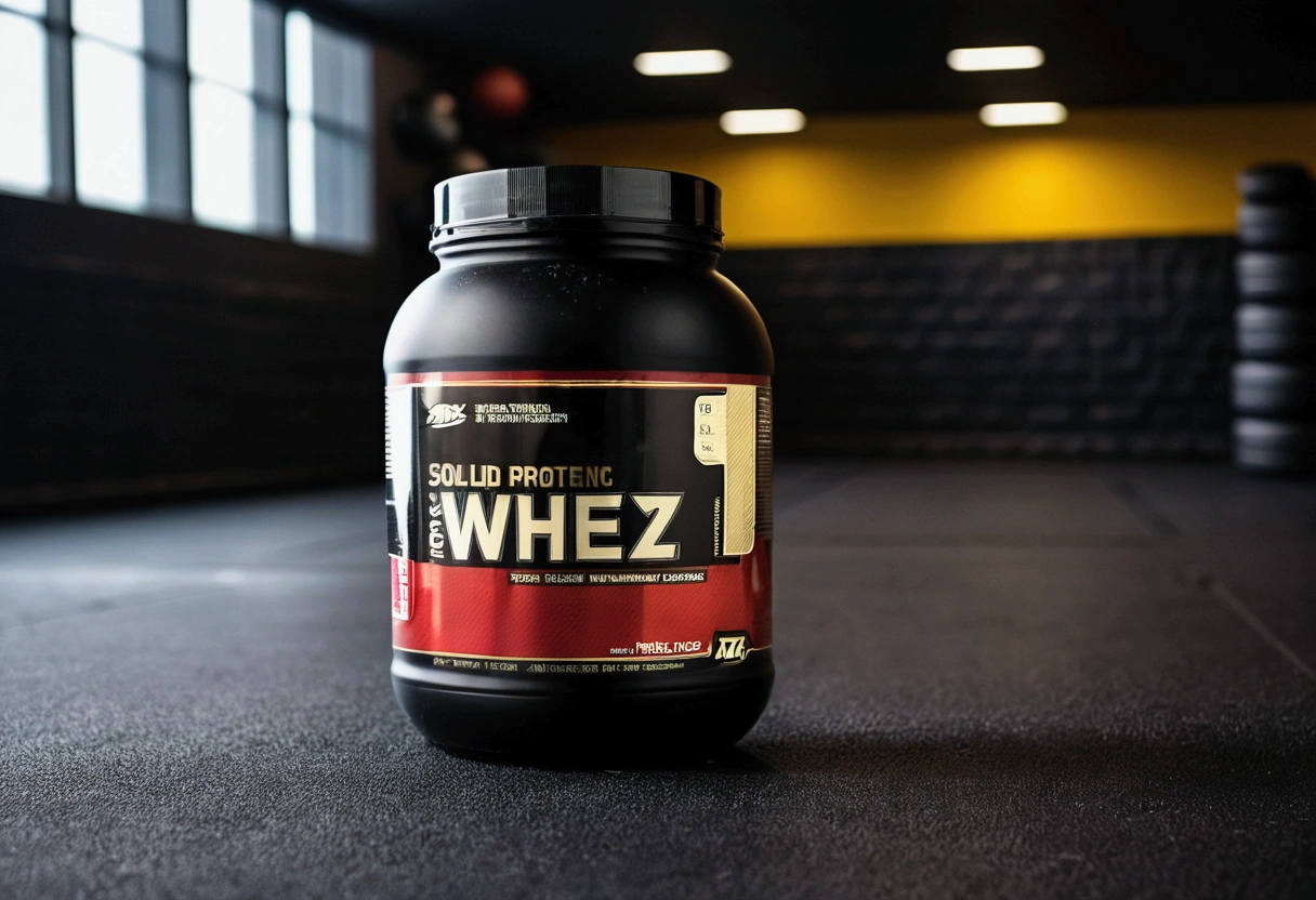 a picture of a protein jar (solid dark color jar) on the floor (no label on the jar), gym in the background like in a commercial, gym out of focus

