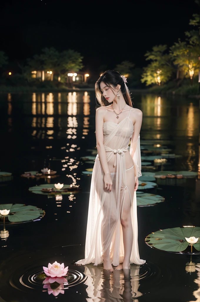 (((best quality))),(((ultra detailed))),(((masterpiece))),illustration,((1 beautiful young girl,solo)),((slim,thin)),(shoulder length straight hair:1.2),((earrings,necklace)),((small breasts,flat chest)),(see through traditional pink sheer Hanfu dress:1.3),((slender legs,bare legs,loafers)),(beside the lotus pond full of lotus flowers:1.3), serene moonlight, ethereal,floral pattern, water movement, billowing fabric, tranquil,petals, fireflies, magical, light,warm light, dreams, invitation, (standing:1.3),(arms behind back:1.3),gazing, reflection, inner thoughts, emotional, sweet scent, natural beauty, solitude, hypnotic lull, eternal summer,(night scene:1.3), natural world, human spirit, celebration, backdrop, water, glow,((from front,full body))