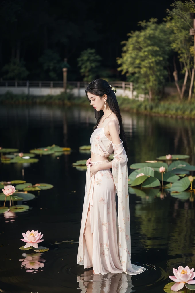 (((best quality))),(((ultra detailed))),(((masterpiece))),illustration,((1 beautiful young girl,solo)),((slim,thin)),(shoulder length straight hair:1.2),((earrings,necklace)),((small breasts,flat chest)),(see through traditional pink sheer Hanfu dress:1.3),((slender legs,bare legs,loafers)),(beside the lotus pond full of lotus flowers:1.3), serene moonlight, ethereal,floral pattern, water movement, billowing fabric, tranquil,petals, fireflies, magical, light,warm light, dreams, invitation, (standing:1.3),(arms behind back:1.3),gazing, reflection, inner thoughts, emotional, sweet scent, natural beauty, solitude, hypnotic lull, eternal summer,(night scene:1.3), natural world, human spirit, celebration, backdrop, water, glow,((from front,full body))