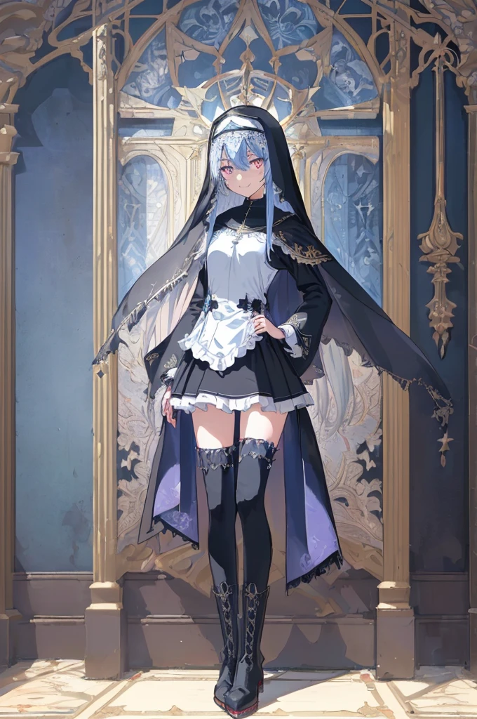 [(cathedral background:1.4)::5],Original,(Illustration:1.1),(Best Quality),(masutepiece:1.1),(the Extremely Detailed CG Unity 8K Wallpapers:1.1), (Colorful:0.9),(mid-shot:0.95),(Full body:1.5),Dynamic Angle,(Solo:1.2), (girl),(((Adult))), (Detailed beautiful eyes:1.15), (Beautiful face:1.15), (Glowing black eyes:1.25////),(Blue Long Hair),(nun headdress),(+perfect hand+:1.21),(Draw an illustration of a Holy Knight Wizard),(Religious),(slender),(she has boots on her feet),((I'm wearing black knee-high socks)),Smile,(Ruffled miniskirt with metal embellishments),beautiful slender adult,((theater background)),