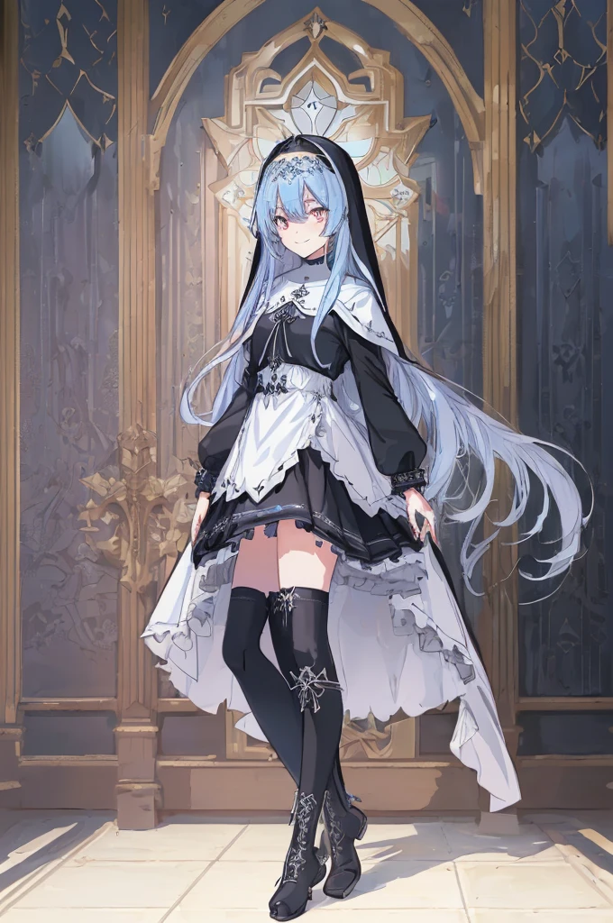 [(cathedral background:1.4)::5],Original,(Illustration:1.1),(Best Quality),(masutepiece:1.1),(the Extremely Detailed CG Unity 8K Wallpapers:1.1), (Colorful:0.9),(mid-shot:0.95),(Full body:1.5),Dynamic Angle,(Solo:1.2), (girl),(((Adult))), (Detailed beautiful eyes:1.15), (Beautiful face:1.15), (Glowing black eyes:1.25////),(Blue Long Hair),(nun headdress),(+perfect hand+:1.21),(Draw an illustration of a Holy Knight Wizard),(Religious),(slender),(she has boots on her feet),((I'm wearing black knee-high socks)),Smile,(Ruffled miniskirt with metal embellishments),beautiful slender adult,((theater background)),