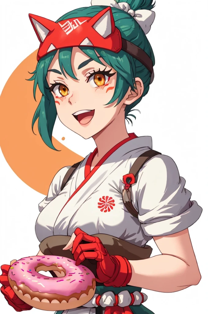 mature woman, (1girl:0.5), masterpiece, (anime screencap), kiriko \(overwatch\), green hair, facial mark, holding doughnut, portrait, open mouth, smile, hair bow, white bow, heart, ponytail, fingerless gloves, japanese clothes, brown eyes, mask, upper body, doughnut, solo, red gloves, kimono, white background, looking at viewer, white kimono, orange eyes, bow, facial mark, holding food, simple background, food, gloves, fox mask