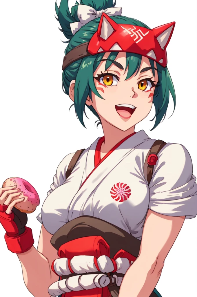 mature woman, (1girl:0.5), masterpiece, (anime screencap), kiriko \(overwatch\), green hair, facial mark, holding doughnut, portrait, open mouth, smile, hair bow, white bow, heart, ponytail, fingerless gloves, japanese clothes, brown eyes, mask, upper body, doughnut, solo, red gloves, kimono, white background, looking at viewer, white kimono, orange eyes, bow, facial mark, holding food, simple background, food, gloves, fox mask