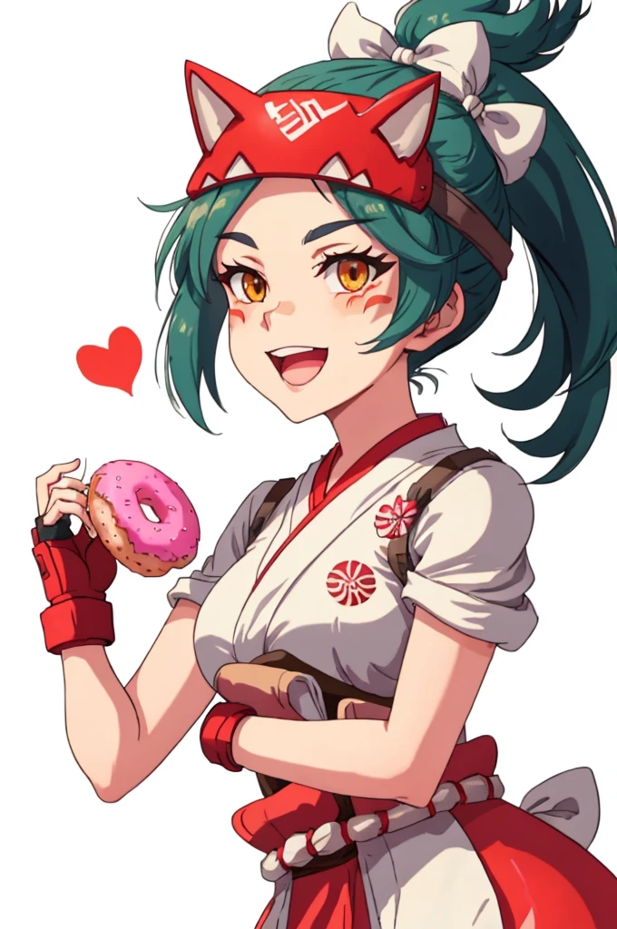 mature woman, (1girl:0.5), masterpiece, (anime screencap), kiriko \(overwatch\), green hair, facial mark, holding doughnut, portrait, open mouth, smile, hair bow, white bow, heart, ponytail, fingerless gloves, japanese clothes, brown eyes, mask, upper body, doughnut, solo, red gloves, kimono, white background, looking at viewer, white kimono, orange eyes, bow, facial mark, holding food, simple background, food, gloves, fox mask