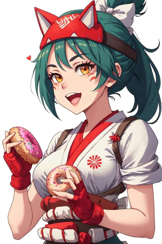 mature woman, (1girl:0.5), masterpiece, (anime screencap), kiriko \(overwatch\), green hair, facial mark, holding doughnut, portrait, open mouth, smile, hair bow, white bow, heart, ponytail, fingerless gloves, japanese clothes, brown eyes, mask, upper body, doughnut, solo, red gloves, kimono, white background, looking at viewer, white kimono, orange eyes, bow, facial mark, holding food, simple background, food, gloves, fox mask