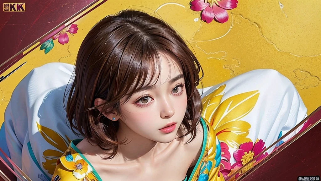One girl, alone, flower畑, flower, (Official Art, unity 8k wallpaper, Super detailed, beautifully、aesthetic, masterpiece ,Highest quality:1.3), (Dynamic Angle:1.4), (Floating colorful sparkles:1) , elegant, Vibrant colors, Highly detailed face, Detailed eyes, Glowing Skin, Glossy Lips , Red and yellow background, Brown short hair,