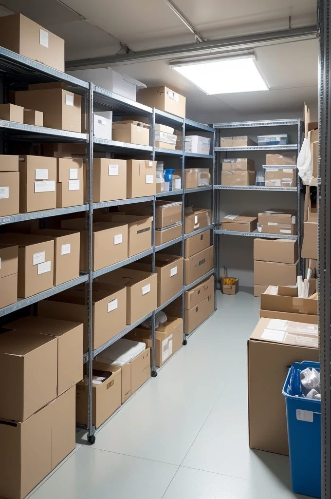 Create an image showing a group of people working in a smaller room used for storage. The setting should include shelves with boxes and packages, with some people organizing items and others checking inventory with tablets. Make sure you show people and their activities well, highlighting the busy and efficient atmosphere in the compact space. People must be wearing white shirts with the inscription &#39;Shop Fácil&#39;, where &#39;Easy&#39; should be in turquoise blue.
