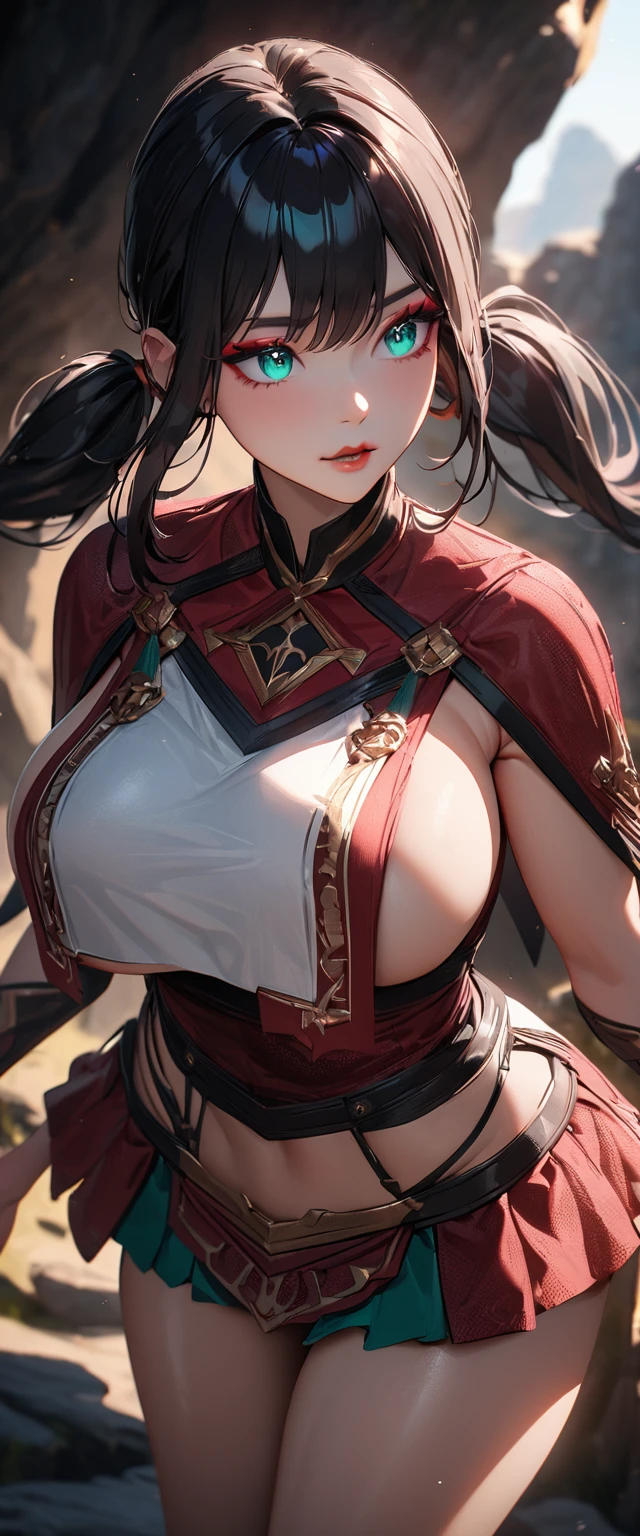 Photo of a woman with natural skin, Upper Body, Seaside cave, The light is shining in, High Twintails, Black hair with red mesh, Sharp eyes with red eyeshadow, Blue-green eyes, Shining eyes, A thin, upturned nose, Well-shaped lips, Big Breasts, Big Butt, ((Breast Curtain, mini skirt, Thighs)), Makeup, Exquisitely crafted with the utmost attention to detail, Vibrant, amazing, Smooth, Cinematic, 4K, Backlight, (()), Shallow depth of field, ((Detailed eyes:1.3, Detailed lips:1.3, high quality, )), masterpiece, Super detailed images, High quality