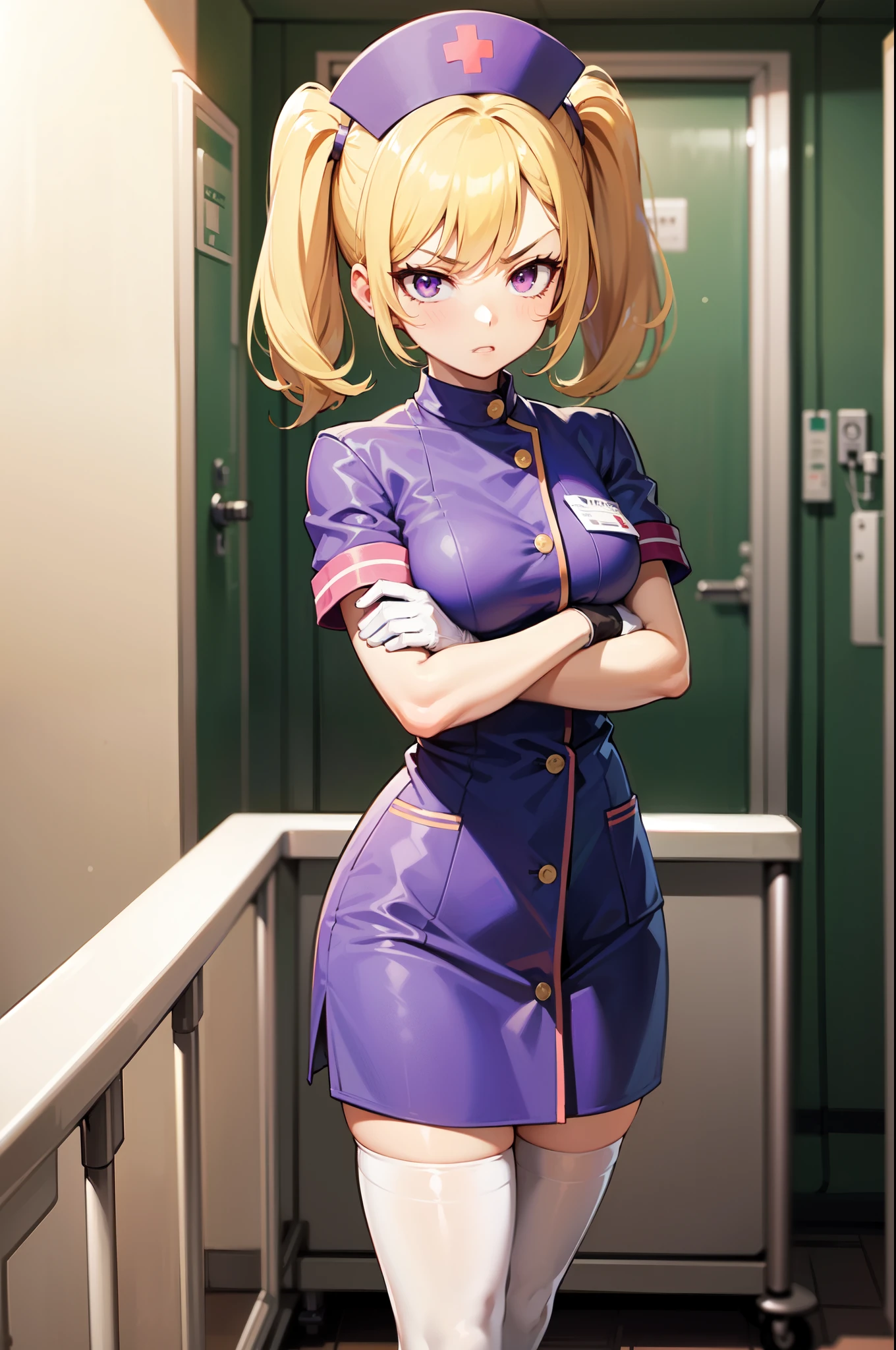 1girl, solo, nurse, nurse cap, white nurse uniform, ((white legwear, zettai ryouiki)), white gloves, twintails, yellow hair, purple eyes, angry, crossed arms, standing, ((hospital room)), sharp outline, short sleeves, best quality, masterpiece