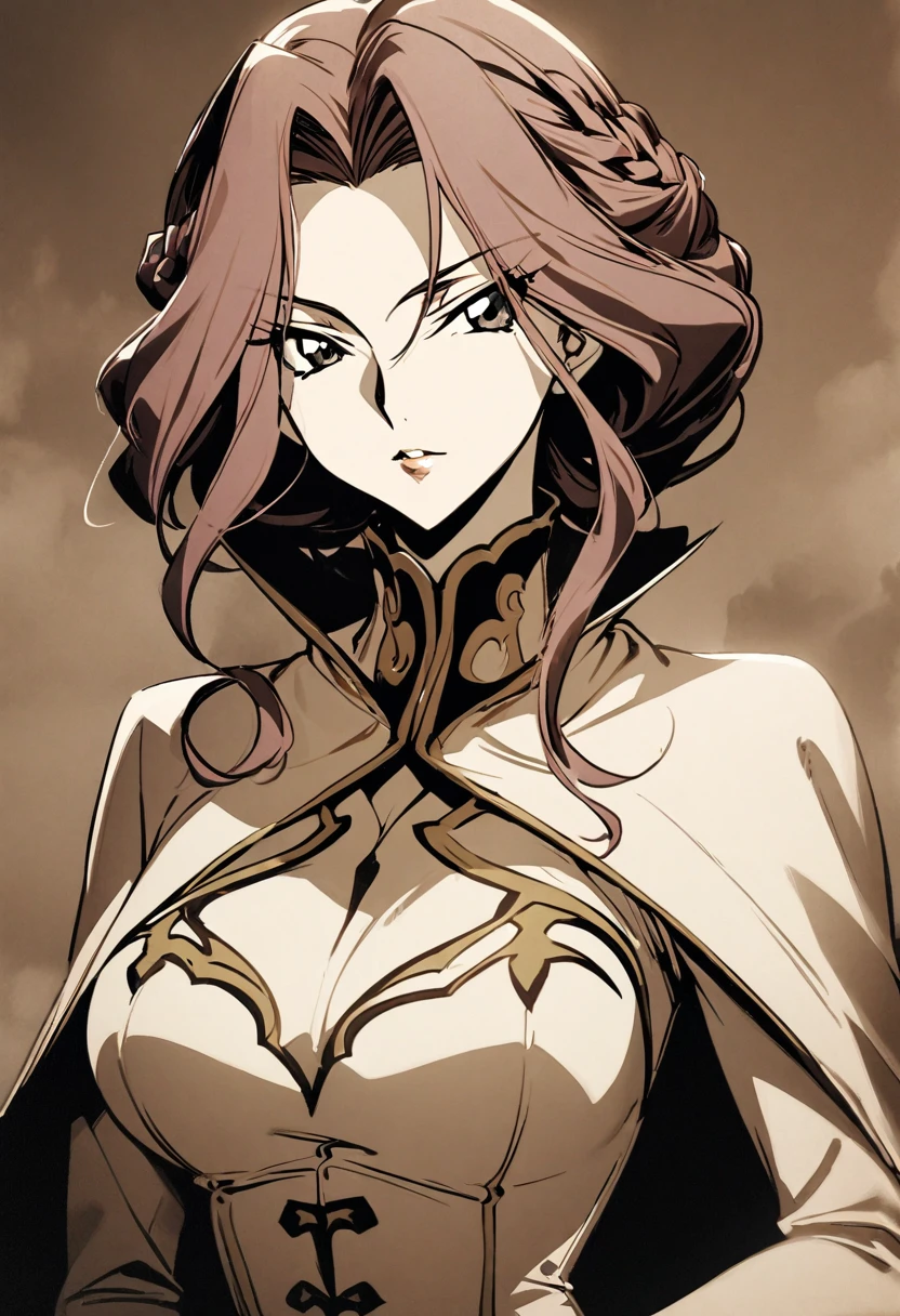 1girl, cornelia li britannia, code geass,fantasy-themed attire with a high collar and gold accents,sepia tone, vintage dress, old photograph style,masterpiece, best quality, absurdres,