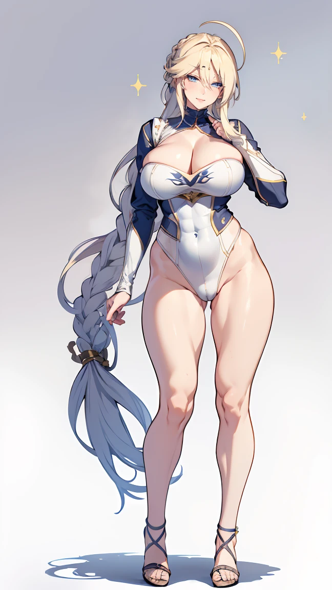 (masterpiece, HI quality: 1.1) 1girl full body standing good face, nice ass, hairstyle: braid, Color Hair: WHITE long hair, Blindfolded: NO EYES, Skin: White (porcelain skin, sparkly skin), muscular, thighs, Mature woman, Abs, looks at the viewer smiling, extremely huge breasts, maternal, chest cover with clothes (Yor Forger - Spy x Family)