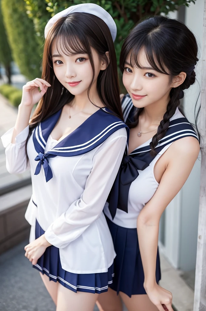 2 girls in classroom near window,white plain sheer swimsuit with sailor collar,18-year-old,bangs,a little smile,thighs,knees,straight hair with barrette,from below,front-light