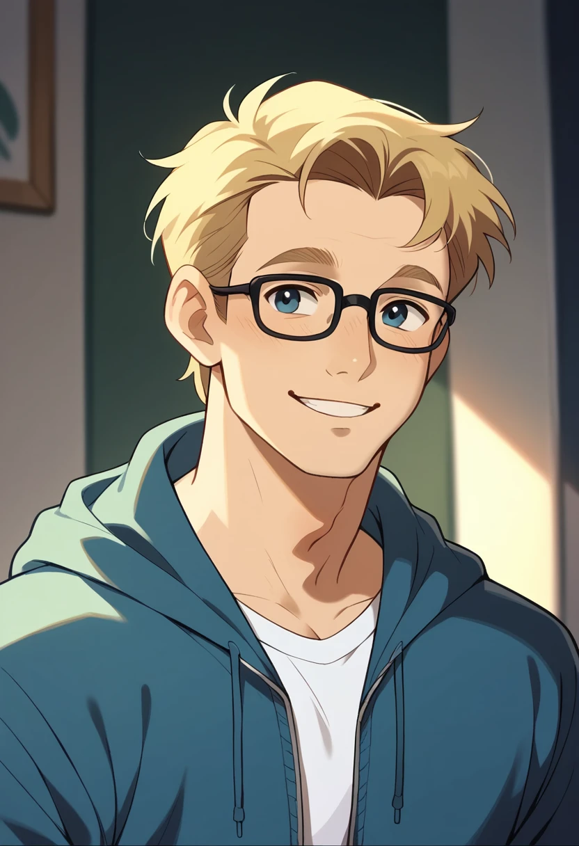 Human Male, Blonde hair , wearing blue zip  hoodie, wearing Glasses  , cute Smile  , white shirt 