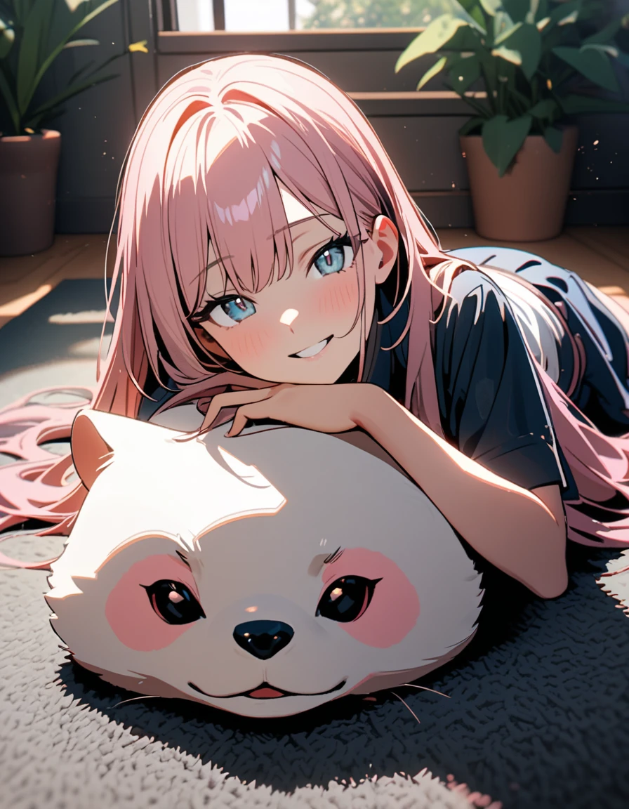 (8K, best quality, master piece: 1.2),super high resolution,1 girl,solo,16yo,Lying on the carpet,head rest,ultra-detailed face,detailed eyes,Pastel pink hair,long hair,straight hair,Short sleeve layered dress,happy,Rose gold hair,seductive smile,(Cute ferret riding on her back),1 flowerpot of Dracaena,rim light,Dynamic angleSophisticated room