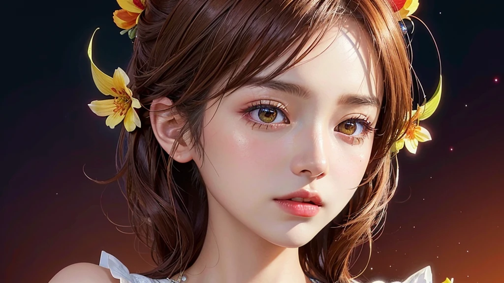 One girl, alone, flower畑, flower, (Official Art, unity 8k wallpaper, Super detailed, beautifully、aesthetic, masterpiece ,Highest quality:1.3), (Dynamic Angle:1.4), (Floating colorful sparkles:1) , elegant, Vibrant colors, Highly detailed face, Detailed eyes, Glowing Skin, Glossy Lips , Red and yellow background, Brown short hair,