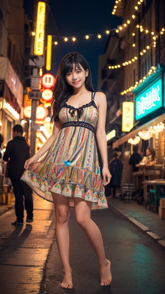 8k, Highest quality, masterpiece, Realistic, Super detailed,  photograph, High resolution, ROWphotograph, High resolution, Absurd, Cinematic Light, Official Art, High resolution, Depth of written boundary,
(close:1.2), Beautiful feet, thin, cute顔, smile, Beautiful details in the eyes, 20th Generation、cute, Long jet black hair, Detailed skin,French、
(Intricately patterned dress:1.4), (Colorful lights:1.4), (night:1.4), City Street, (neon:1.2),High resolution, chest, 大きなchest, , Cinematic light effects, Separate swimsuit、whole body、barefoot、baby doll
