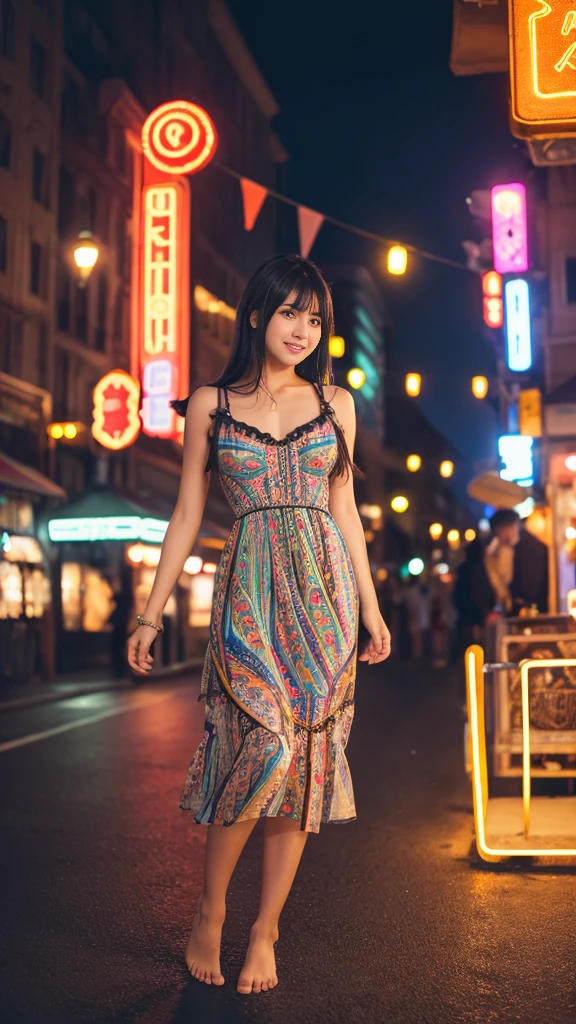 8k, Highest quality, masterpiece, Realistic, Super detailed, photograph, High resolution, ROWphotograph, High resolution, Absurd, Cinematic Light, Official Art, High resolution, Depth of written boundary,
(close:1.2), Beautiful feet, thin, cute顔, smile, Beautiful details in the eyes, 20th Generation、cute, Long jet black hair, Detailed skin,French、
(Intricately patterned dress:1.4), (Colorful lights:1.4), (night:1.4), City Street, (neon:1.2),High resolution, chest, 大きなchest, , Cinematic light effects, Separate swimsuit、whole body、barefoot、 doll