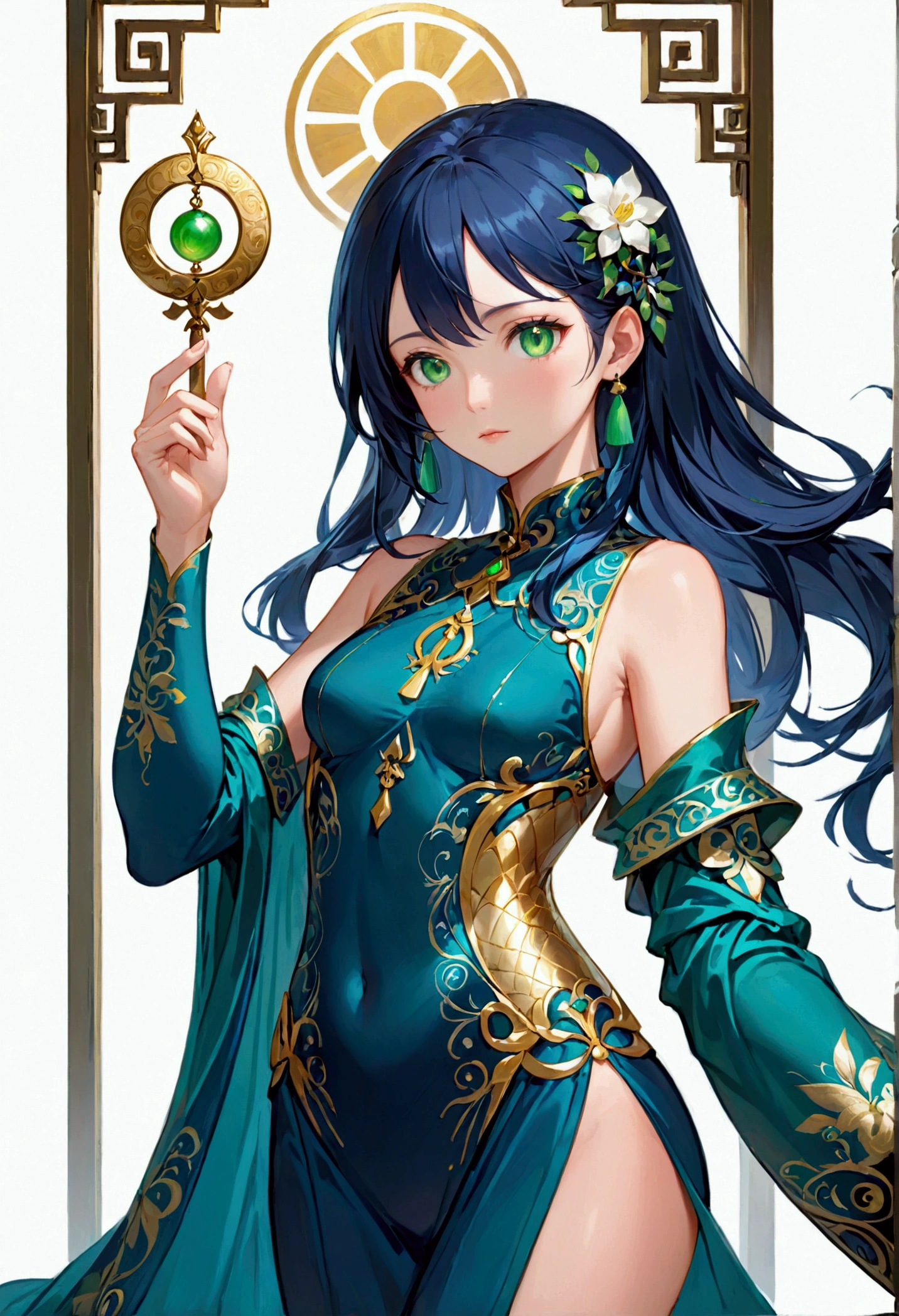 Girl with dark blue hair, green eyes,tall rectangular body figure, mature,holding ying yand symbol