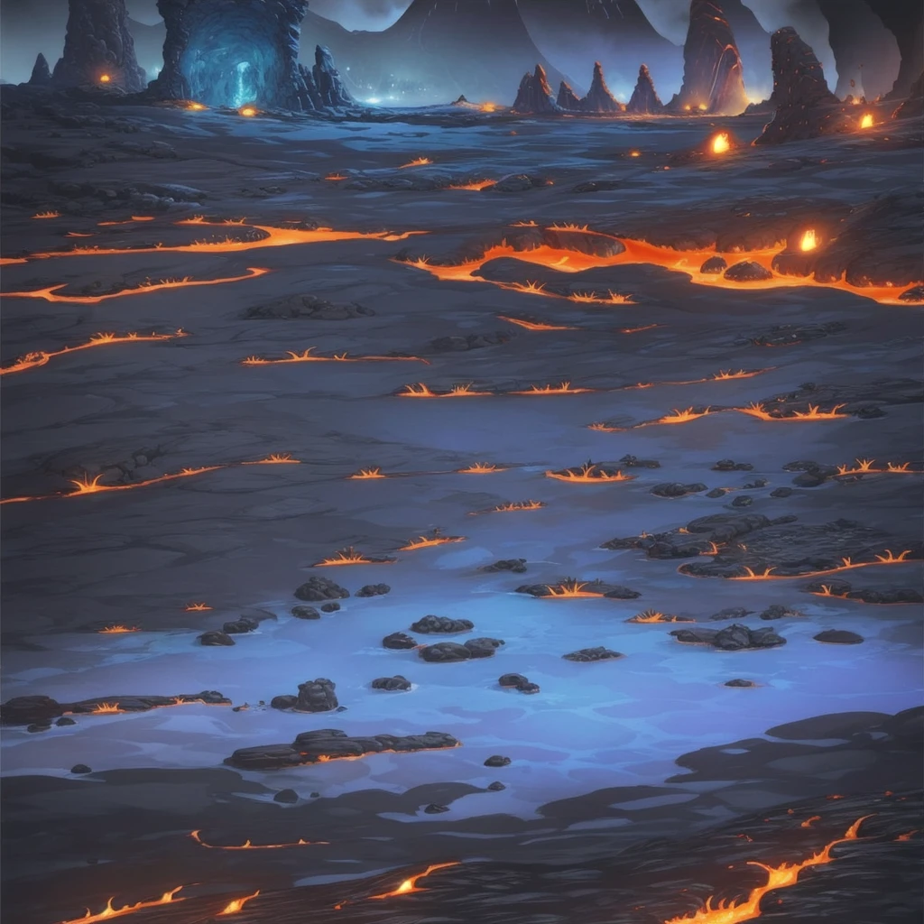 concept art, Horizontal Scene, horizon composition, There are no humans, sight, underground cave, rock, volcanic area, lava, night time