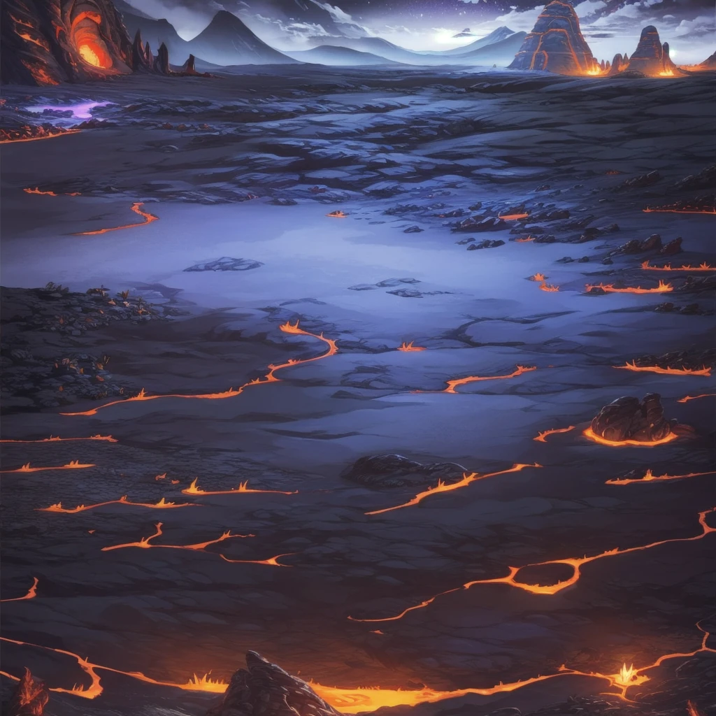 concept art, Horizontal Scene, horizon composition, There are no humans, sight, underground cave, rock, volcanic area, lava, night time