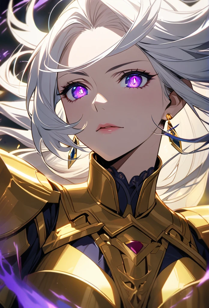 woman, blue eyes, long hair, white hair, mature, god eyes, diamond earings, glowing right eyes, two colors eyes, purple eyes, golden armor, cool,