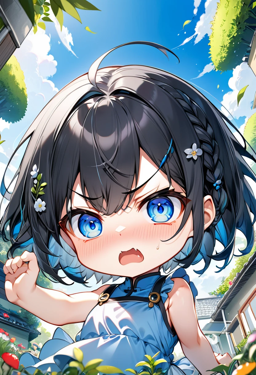 Highest quality、High resolution、Detailed Background、Beautiful face in every detail、Anatomically correct、Detailed facial expressions、fine grain、((From below))、((One Girl))、Chibi Girl、 Black Hair、beautiful clear big blue eyes、Braided Bob、Sleeveless dress、garden、Very angry、Trying to hit the viewer