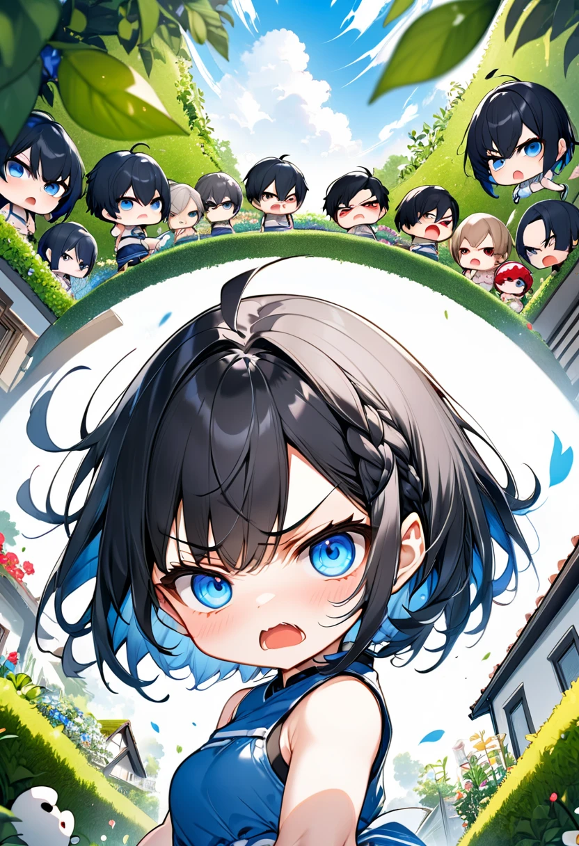 Highest quality、High resolution、Detailed Background、Beautiful face in every detail、Anatomically correct、Detailed facial expressions、fine grain、((From below))、One Girl、Black Hair、beautiful clear big blue eyes、Braided Bob、Chibi Girl、Primary school students, A childlike sleeveless shirt with frills、garden、((arm up in the air and waving:1.2)), Nothing in my hands、Very angry face、Glaring at the audience、Demon's Appearance、Screaming with their mouths wide open、(Hands close-up)
