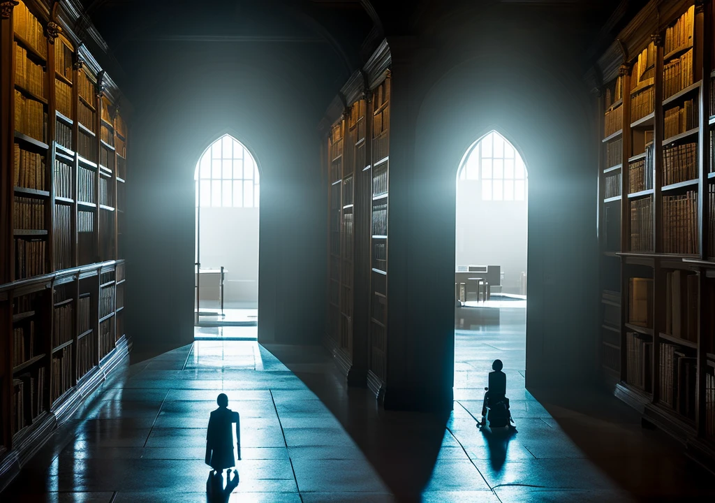 The college library, a large and dark room with towering bookshelves casting long shadows. The door is closed behind Alex, and the janitor with glowing eyes reaches out towards him."