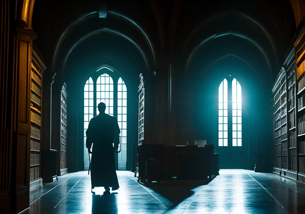 The college library, a large and dark room with towering bookshelves casting long shadows. The door is closed behind Alex, and the janitor with glowing eyes reaches out towards him."