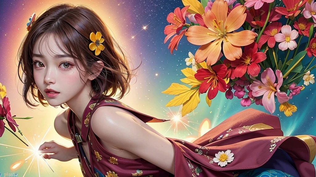 One girl, alone, flower畑, flower, (Official Art, unity 8k wallpaper, Super detailed, beautifully、aesthetic, masterpiece ,Highest quality:1.3), (Dynamic Angle:1.4), (Floating colorful sparkles:1) , elegant, Vibrant colors, Highly detailed face, Detailed eyes, Glowing Skin, Glossy Lips , Red and yellow background, Brown short hair,