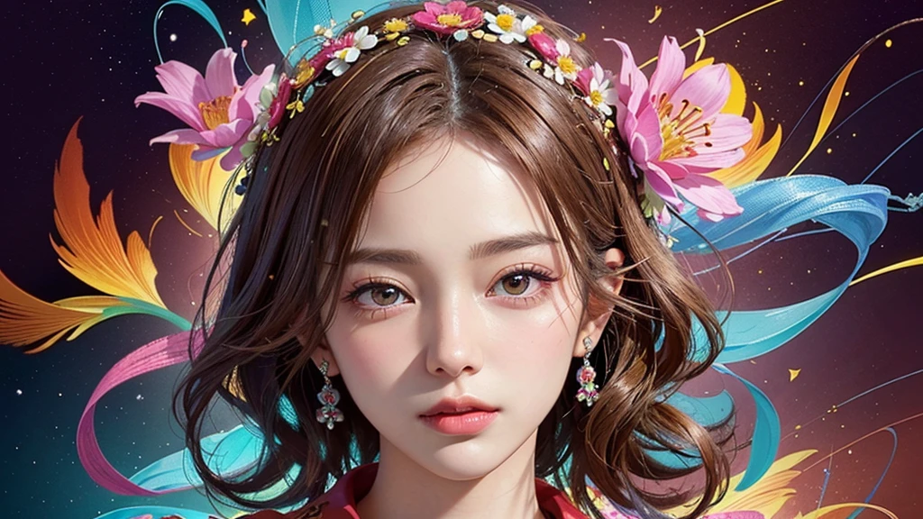 One girl, alone, flower畑, flower, (Official Art, unity 8k wallpaper, Super detailed, beautifully、aesthetic, masterpiece ,Highest quality:1.3), (Dynamic Angle:1.4), (Floating colorful sparkles:1) , elegant, Vibrant colors, Highly detailed face, Detailed eyes, Glowing Skin, Glossy Lips , Red and yellow background, Brown short hair,