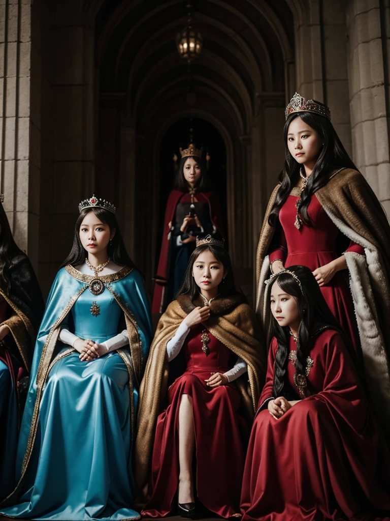 Queens in gorgeous dresses。Fur Cape。The Four Queens。Watching the audience。Stone and dark。Medieval prison。Fisheye Lens