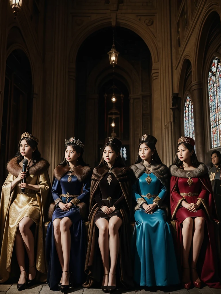 Queens in gorgeous dresses。Fur Cape。The Four Queens。Watching the audience。Stone and dark。Medieval prison。Fisheye Lens