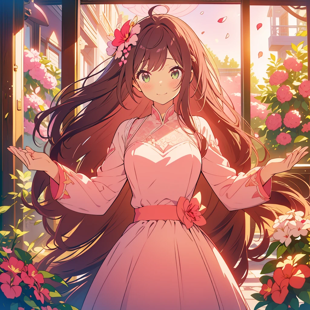 kawaii, anime, Cute, hyper quality, highly detailed, 8k, Clarity, dark brown long hair, pink bougainvillea, green eyes, droopy pink bougainvillea flower garden, bougainvillea, pink wedding dress, light shines in, pink bougainvillea flowers, pink bougainvillea bouquet, dignity, platinum tiara, pink wedding dress, highlight on eyes, Looking back, Pose with movement, whole body, Uplifting, Inciting point of view, special perspective, smile dignifiedly, close up of face, Draw facial expressions in detail, the dress is fluttering, dignified stance, petals dance, 	