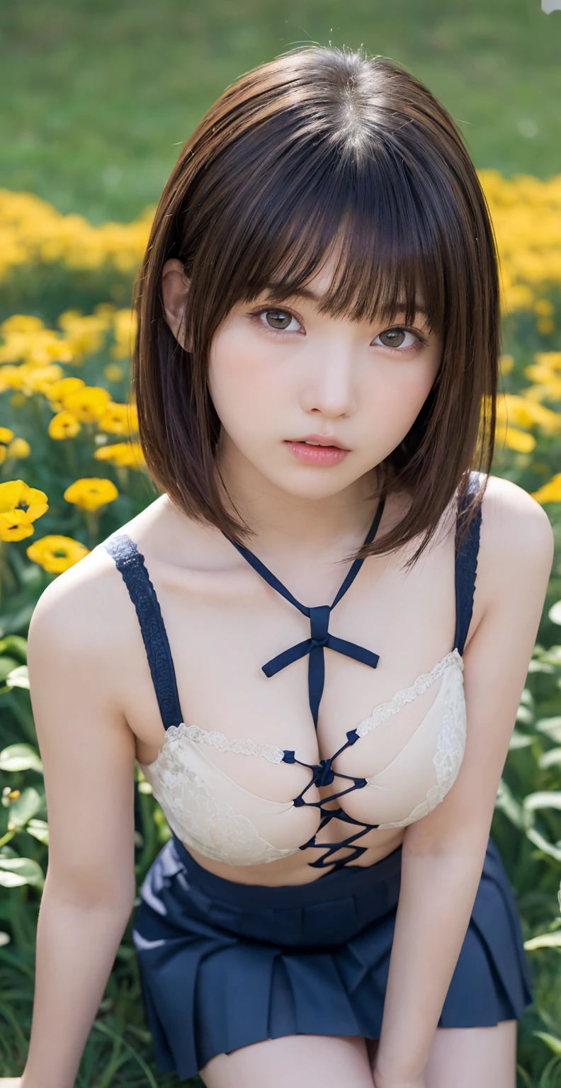 One Girl, (Lace-up tops, Navy blue micro mini pleated skirt, Delicate girl:1.3), (:1.3), break, (Flower field background:1.2), break,, Very beautiful eyes, (Symmetrical eyes:1.3), break, (Big Breasts:1.3), Brown eyes, Parted bangs, Brown bob cut hair, Round face, cute, break, (Eye and facial details:1.0), Spread your legs, Shooting from below, Pussy Line, Camel Toe, Looking into the camera, nude, masterpiece, Highest quality, RAW Photos, Realistic, Cute Girls, Written boundary depth, High resolution, Very detailedな, In detail, Very detailed, Very detailed目と顔, Sharp pupils, Cinema Lighting