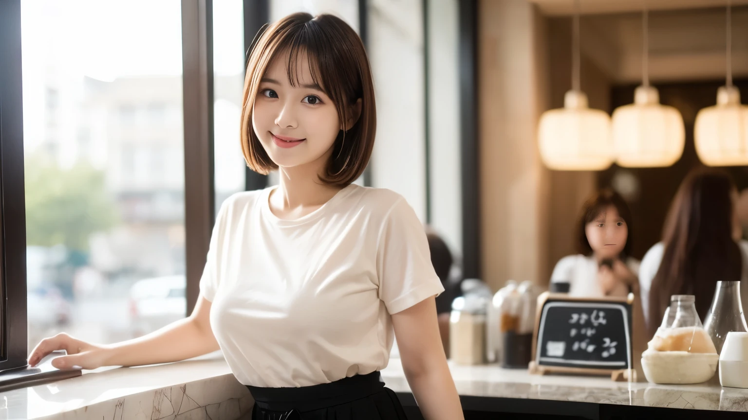 super high quality, smile, Slenderのネックレス, Slender, Gravure photoshoot, The staff is working at the counter in the back., (8k、RAW Photos、Highest quality、masterpiece:1.2), Japanese Idol, Stylish café, (Realistic、Photorealistic:1.37), Mesh Hair, Urban Cafe, Golden Ratio, Raw photo, Cute face , Light Brown Hair, Small breasts, Bright cafe interior, Blurred Background, Summer clothes, Beautiful hairstyle, Photographed inside the cafe, Hair blowing in the wind, Neat clothes, T-Shirts, Very Short Hair, 18-year-old, Stylish clothes,