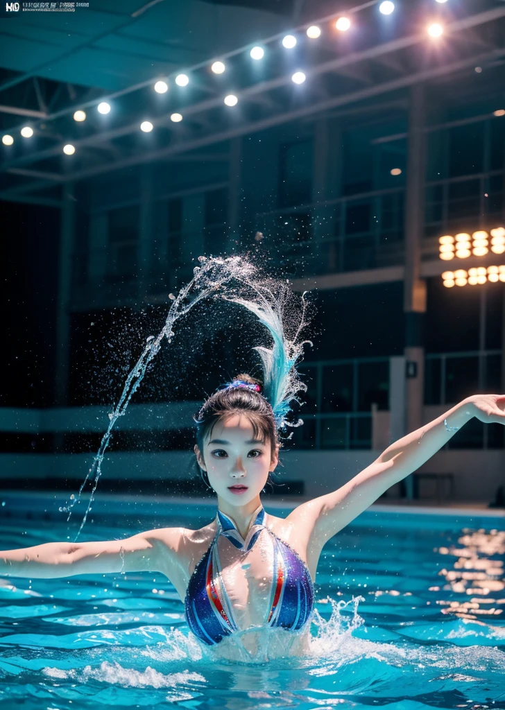 Diffuse lighting、 Highest quality, High resolution, unity 8k wallpaper、Supersaturation, Japanese、1 female、２３age、Synchronized swimming athletes、World Congress、Serious expression、Colorful costumes、Upper body in water、Pool、Dancing in the water、Sparkly costume、artistic swimming、
