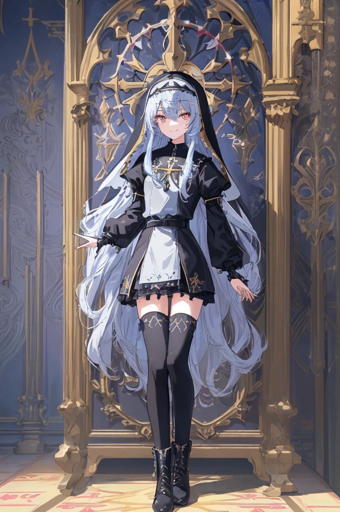[(cathedral background:1.4)::5],Original,(Illustration:1.1),(Best Quality),(masutepiece:1.1),(the Extremely Detailed CG Unity 8K Wallpapers:1.1), (Colorful:0.9),(mid-shot:0.95),(Full body:1.5),Dynamic Angle,(Solo:1.2), (girl),(((Adult))), (Detailed beautiful eyes:1.15), (Beautiful face:1.15), (Glowing black eyes:1.25////),(Blue Long Hair),(nun headdress),(+perfect hand+:1.21),(Draw an illustration of a Holy Knight Wizard),(Religious),(slender),(she has boots on her feet),((I'm wearing black knee-high socks)),Smile,(Ruffled miniskirt with metal embellishments),beautiful slender adult,((theater background)),