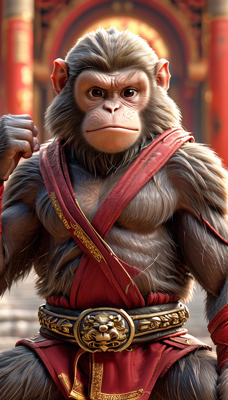 Close-up shot of a monkey, Monkey Martial Artist,whole body, Thunder Fist, Wearing martial arts uniform, Chinese Shaolin Temple Background, High resolution, masterpiece, Highest quality, Very detailed, Very detailed, Ultra-realistic,
Hong Kong Style, 3D Fluffy, Cute and adorable close-ups, Cute big round reflective eyes, Long fuzzy fur, Pixar Rendering, unreal engine Cinematic smooth, Exquisite detail, Cinematic