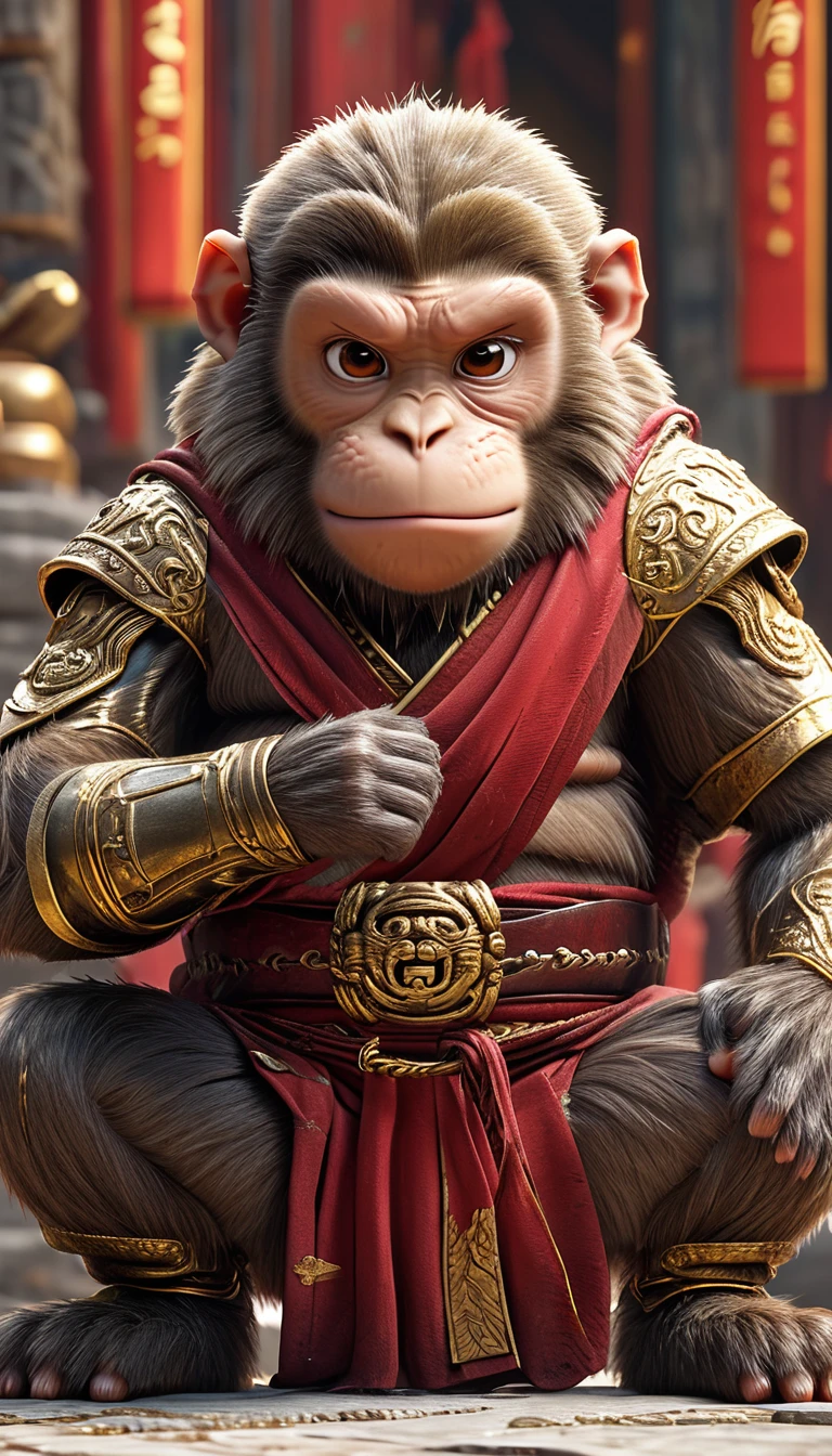 Close-up shot of a monkey, Monkey Martial Artist,whole body, Thunder Fist, Wearing martial arts uniform, Chinese Shaolin Temple Background, High resolution, masterpiece, Highest quality, Very detailed, Very detailed, Ultra-realistic,
 Hong Kong Style, 3D Fluffy, Cute and adorable close-ups, Cute big round reflective eyes, Long fuzzy fur, Pixar Rendering, unreal engine Cinematic smooth, Exquisite detail, Cinematic
