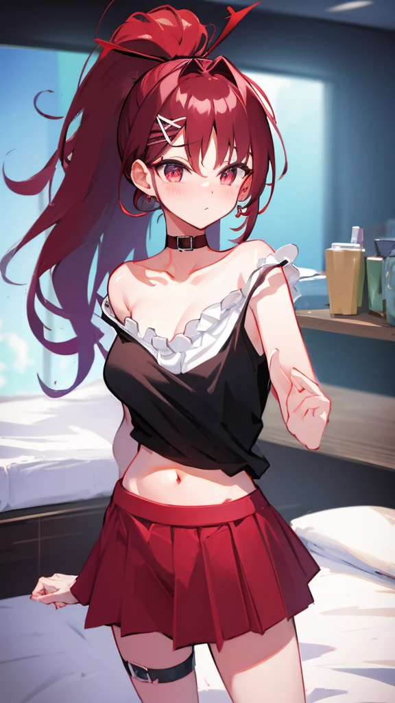 High tail hairstyle, Ponytail hairstyle, Long wavy black hair, standing posing, anime girl style, pixel art anime style,penetrating look with deep eyes,red and purple eyes, hair with a ponytail hairstyle trapped with a big red bun, women, red hair clips, x color shaped hair clips , smiling face blush, next to his bed, lingerie, tank top, Black hair, mini skirt, big thighs,