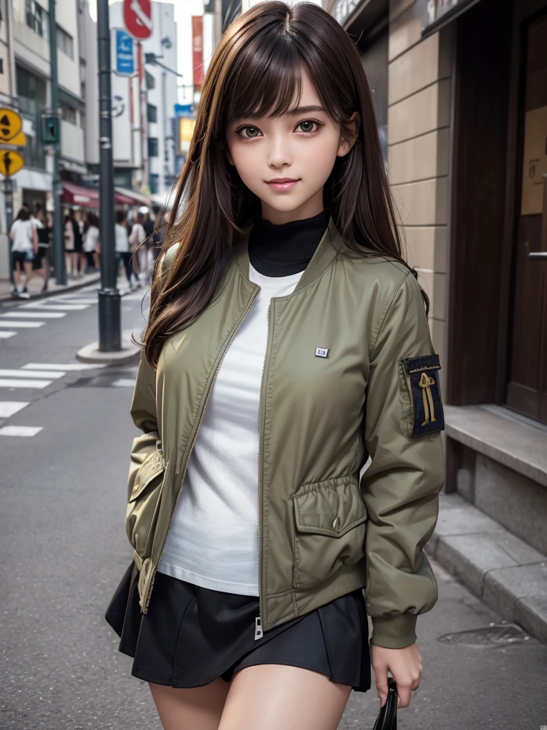 (8k, RAW Photos, Highest quality, masterpiece:1.2), (Realistic, photo-Realistic:1.4), (Highly detailed 8K wallpapers), ((Full Body Shot)), (1 girl), Sharp focus, Depth of written boundary, Cinematic lighting, Soft Light, 緻密な美しさのeye, eye_Chan, Very beautiful 17 year old girl, innocent big eyes, Realistic, photo Realistic, Highly detailed cute girl, (Thin thighs), (Model body type), 18-year-old, ((Khaki flight jacket)), (T-Shirts), (Black color micro mini tight skirt), (((Fold your arms in front of your chest and act arrogantly))), ((A happy smile)), Parted lips, Watching the audience, (On the streets of Tokyo) , (Brown Hair),（Long Bob Hair), (Asymmetrical bangs)