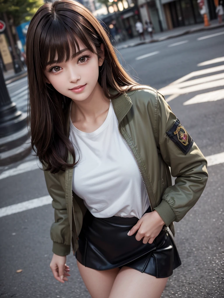 (8k, RAW Photos, Highest quality, masterpiece:1.2), (Realistic, photo-Realistic:1.4), (Highly detailed 8K wallpapers), ((Full Body Shot)), (1 girl), Sharp focus, Depth of written boundary, Cinematic lighting, Soft Light, 緻密な美しさのeye, eye_Chan, Very beautiful 17 year old girl, innocent big eyes, Realistic, photo Realistic, Highly detailed cute girl, (Thin thighs), (Model body type), 18-year-old, ((Khaki flight jacket)), (T-Shirts), (Black color micro mini tight skirt), (((Fold your arms in front of your chest and act arrogantly))), ((A happy smile)), Parted lips, Watching the audience, (On the streets of Tokyo) , (Brown Hair),（Long Bob Hair), (Asymmetrical bangs)