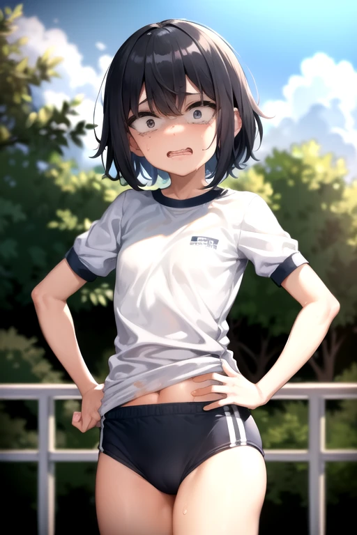 buruma, black buruma, (White short-sleeved gym uniform), School, Ground, sports festival, ((Highest quality)), ((masterpiece)), (detailed), Perfect Face, Perfect Arms, Perfect hands, Perfect Fingers, anime, Ultra-fine illustration, ((1 person)), Cute boy,(disappointed:1.3,constricted pupils:1.4),flat,chest,embarrassed,tears:1.3,show teeth,tearsdrop,Place your hands on your hips, (men's black messy Shorthair:1.4), Proud look, Shooting from below, Cowboy Shot, Outdoor,