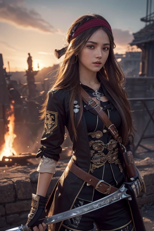 (Ultra quality:1.2), (Ultra detailed:1.2), (Ultra detailed clothes:1.2), (Ultra detailed face:1.2), (Ultra detailed eyes:1.2), (Ultra detailed body:1.2), (Ultra detailed weapons:1.2), young pirate girls, , different hair colors, sword fights, battlefield in the background, fire in the background, night
