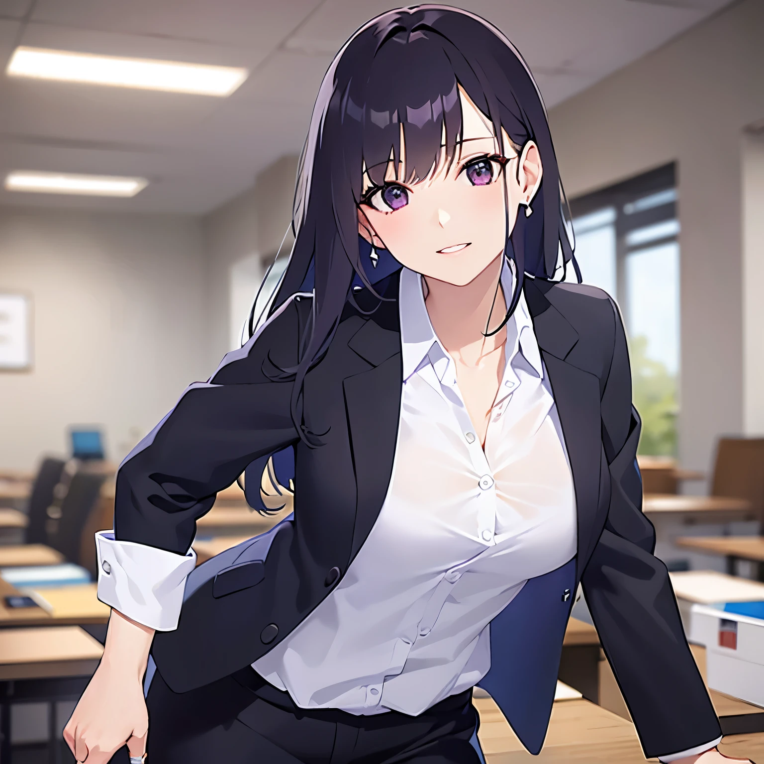 Upper Body,bent over,hair flip 、 Realistic, real person, (pale skin: 1.2), RAW photo, photorealistic, shiny skin, shiny hair、(A 25-year-old woman with straight hair and bangs) and (medium hair) and (black hair) and (purple eyes) , (Wearing a business suit:1.5) and (Wearing a white collared shirt)、smile, Background is an office room、Alone、Are standing、