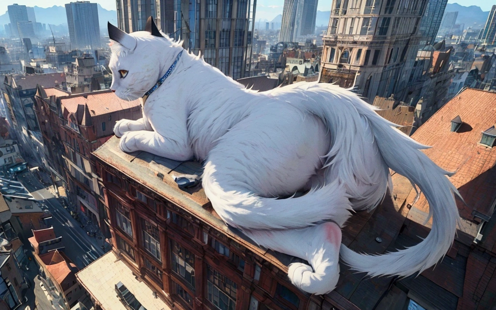score_9,(best quality,4k,8k,highres,masterpiece:1.2),a ultra-gigantic cat lying on a building, crowd, city, from below, cinematic angle, anime, ultra-detailed,vivid colors,
