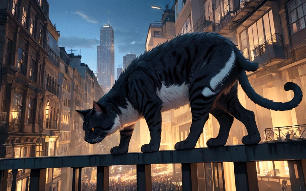 score_9,(best quality,4k,8k,highres,masterpiece:1.2),a ultra-gigantic cat lying on a building, crowd, city, from below, cinematic angle, anime, ultra-detailed,vivid colors,