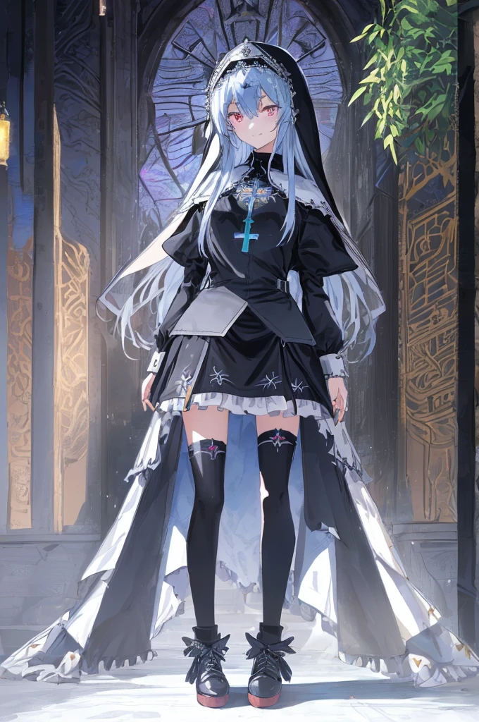 [(cathedral background:1.4)::5],Original,(Illustration:1.1),(Best Quality),(masutepiece:1.1),(the Extremely Detailed CG Unity 8K Wallpapers:1.1), (Colorful:0.9),(mid-shot:0.95),(Full body:1.5),Dynamic Angle,(Solo:1.2), (girl),(((Adult))), (Detailed beautiful eyes:1.15), (Beautiful face:1.15), (Glowing black eyes:1.25////),(Blue Long Hair),(nun headdress),(+perfect hand+:1.21),(Draw an illustration of a Holy Knight Wizard),(Religious),(slender),(she has boots on her feet),((I'm wearing black knee-high socks)),Smile,(Ruffled miniskirt with metal embellishments),beautiful slender adult,((theater background)),