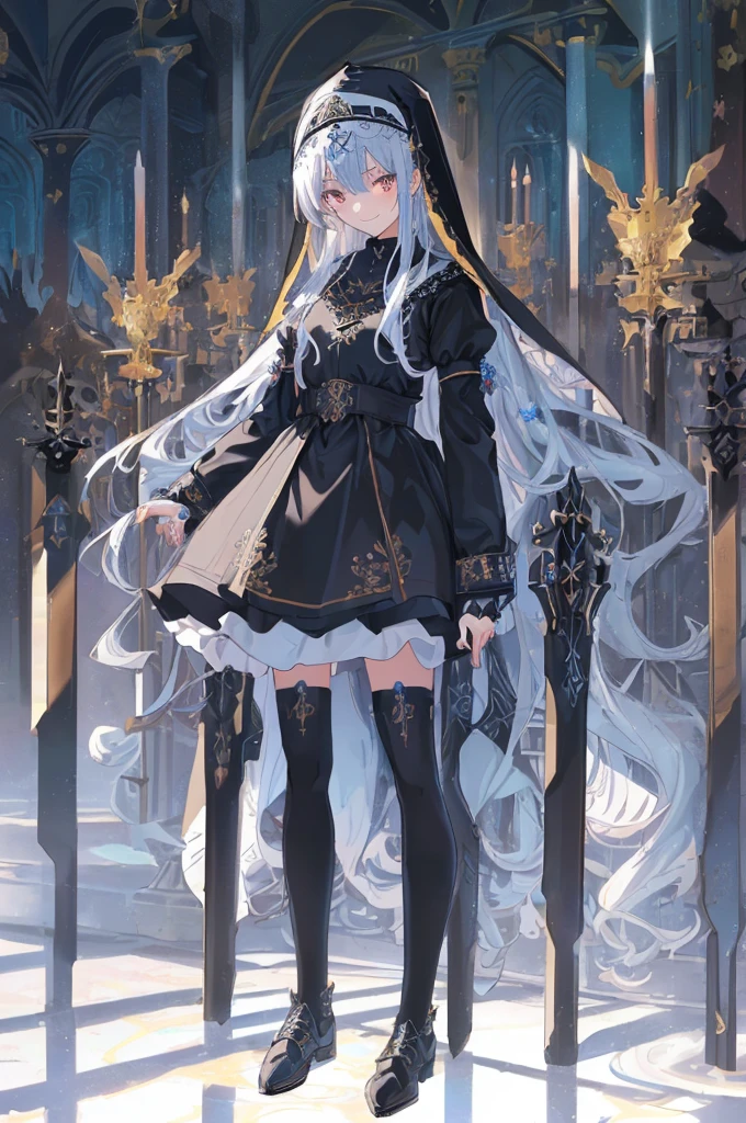 [(cathedral background:1.4)::5],Original,(Illustration:1.1),(Best Quality),(masutepiece:1.1),(the Extremely Detailed CG Unity 8K Wallpapers:1.1), (Colorful:0.9),(mid-shot:0.95),(Full body:1.5),Dynamic Angle,(Solo:1.2), (girl),(((Adult))), (Detailed beautiful eyes:1.15), (Beautiful face:1.15), (Glowing black eyes:1.25////),(Blue Long Hair),(nun headdress),(+perfect hand+:1.21),(Draw an illustration of a Holy Knight Wizard),(Religious),(slender),(she has boots on her feet),((I'm wearing black knee-high socks)),Smile,(Ruffled miniskirt with metal embellishments),beautiful slender adult,((theater background)),
